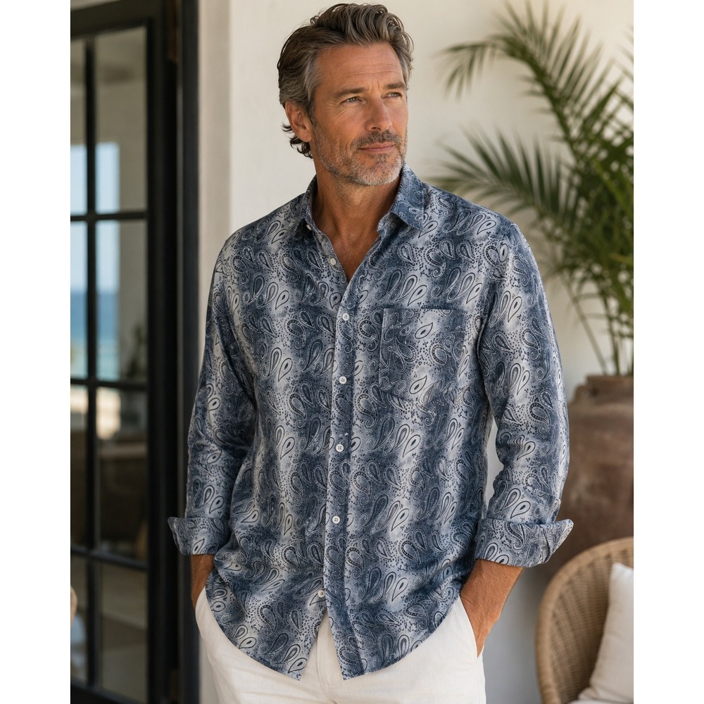 Alan Flusser Blue Gray Paisley Button Down Shirt Quiet Luxury Large